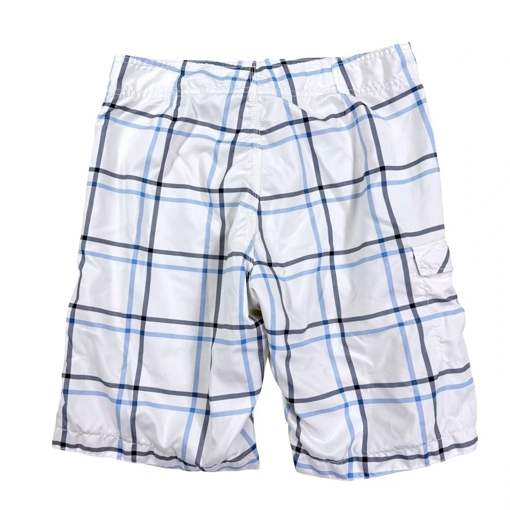 Old Navy Board Shorts‎ Mens Medium White Blue Plaid Cargo Pocket Swim Trunks